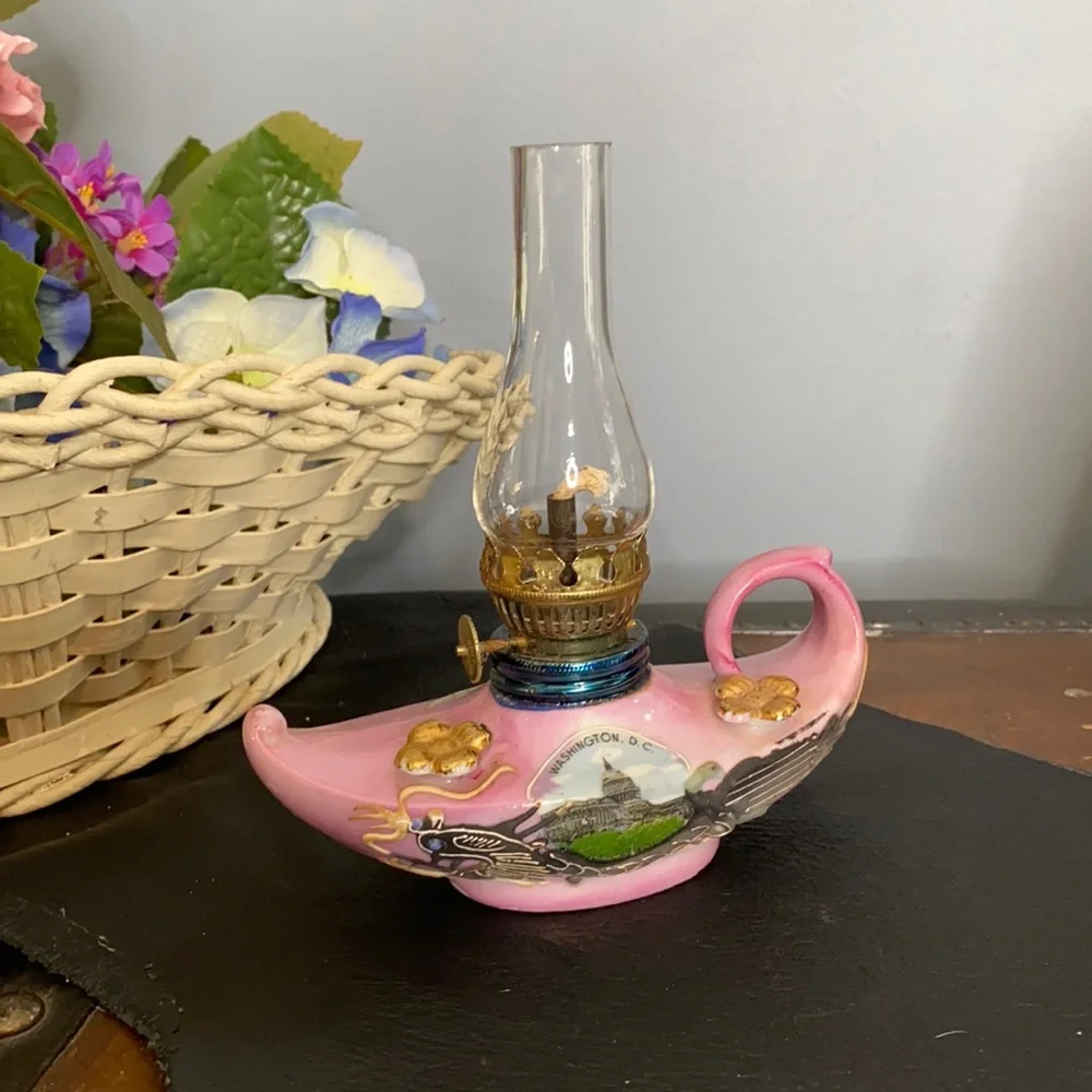 . Vintage Pink Ceramic Oil Lamp Lantern - Washington D.C. Souvenir